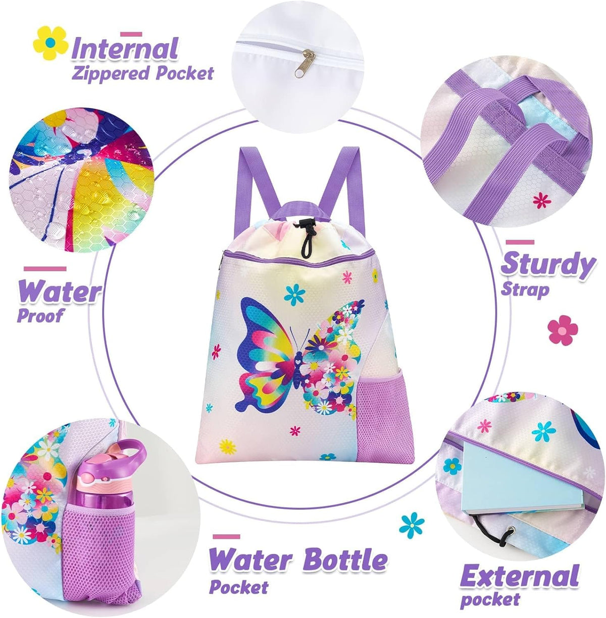 Gym Drawstring Backpack String Bag - 15” x 17” Sports Gym Bag for Kids Waterproof Swimming Beach Shopping Yoga Bag
