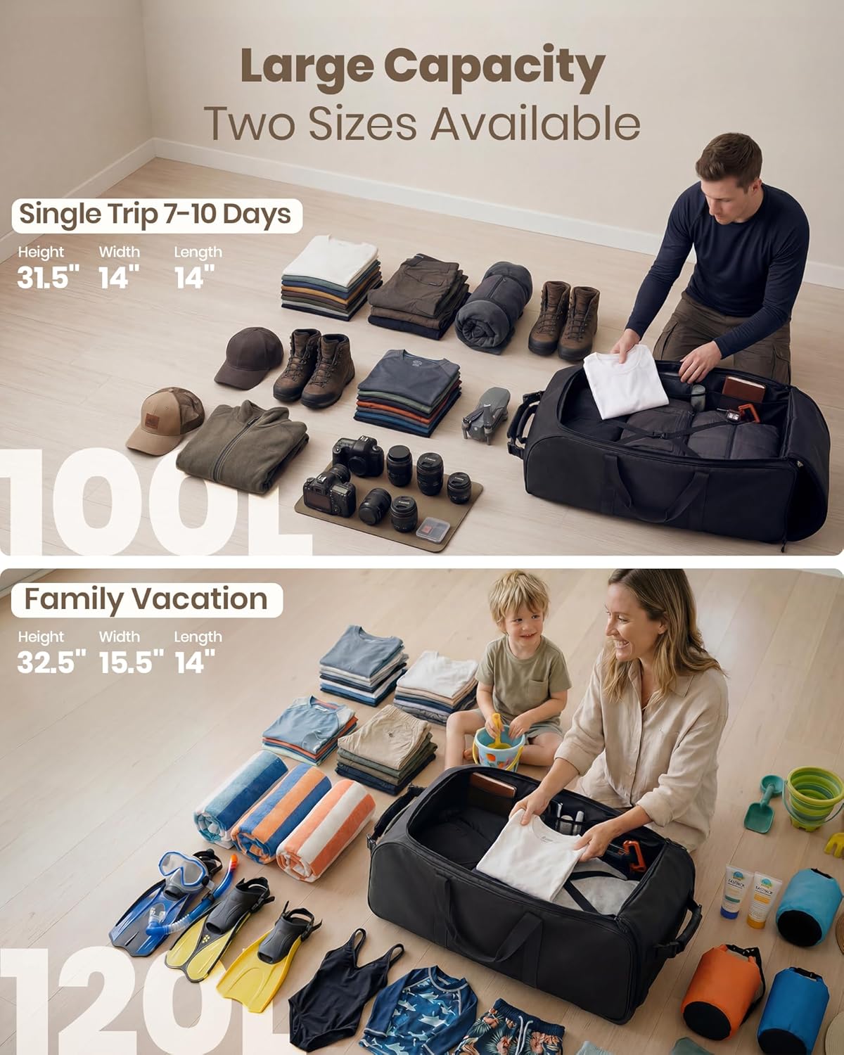 30'' Extra Large Rolling Duffel Bag with Wheels 100L/120L, Heavy-Duty Tear-Resistant Foldable Travel Luggage for Family Moving & Storage, Self-Standing Soft Sided Tote-Green