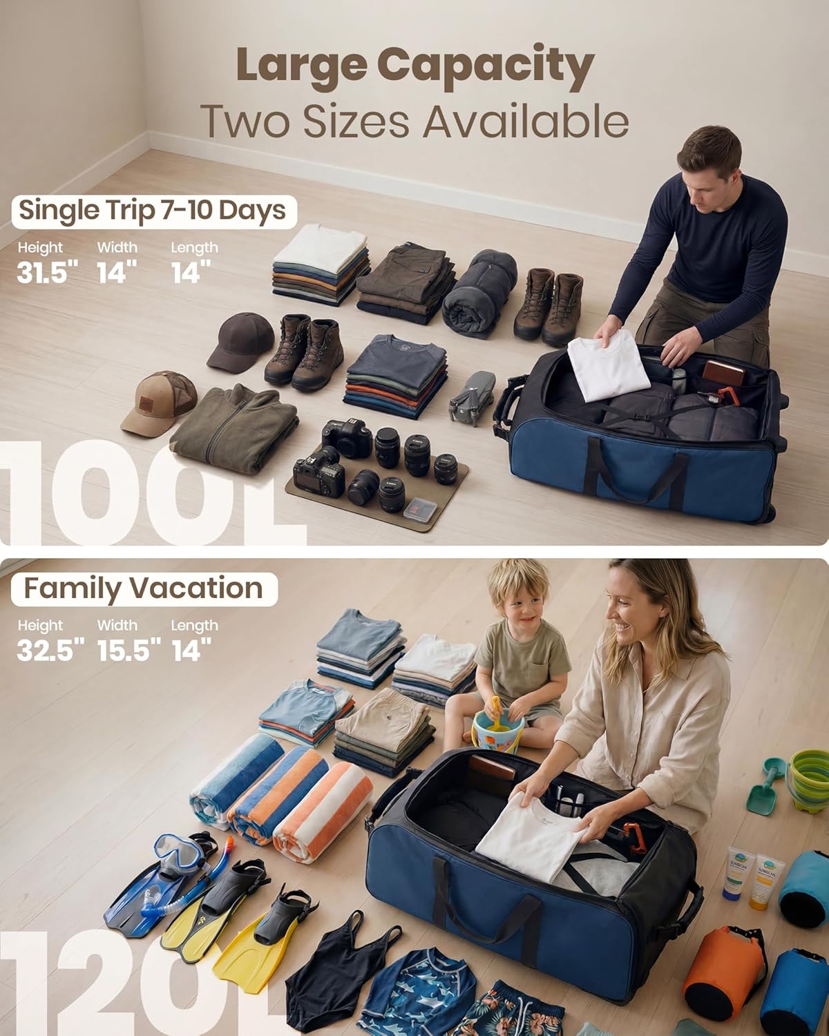 30'' Extra Large Rolling Duffel Bag with Wheels 100L/120L, Heavy-Duty Tear-Resistant Foldable Travel Luggage for Family Moving & Storage, Self-Standing Soft Sided Tote-Green