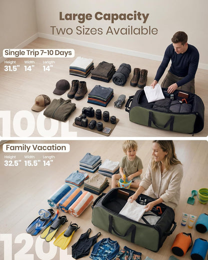 30'' Extra Large Rolling Duffel Bag with Wheels 100L/120L, Heavy-Duty Tear-Resistant Foldable Travel Luggage for Family Moving & Storage, Self-Standing Soft Sided Tote-Green