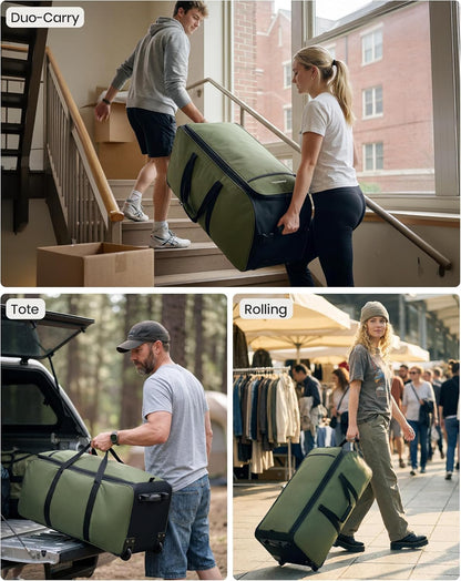 30'' Extra Large Rolling Duffel Bag with Wheels 100L/120L, Heavy-Duty Tear-Resistant Foldable Travel Luggage for Family Moving & Storage, Self-Standing Soft Sided Tote-Green