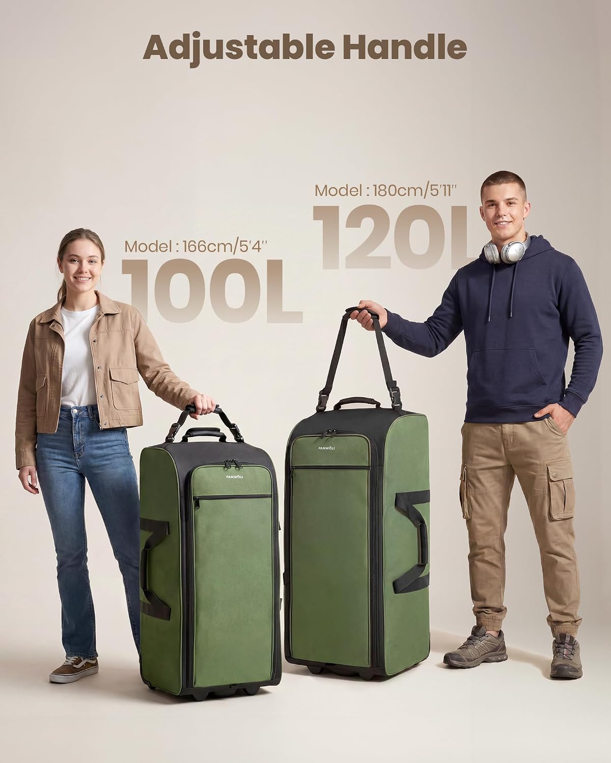 30'' Extra Large Rolling Duffel Bag with Wheels 100L/120L, Heavy-Duty Tear-Resistant Foldable Travel Luggage for Family Moving & Storage, Self-Standing Soft Sided Tote-Green