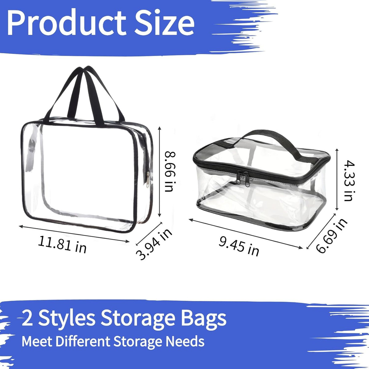 2 Pieces Clear Cosmetic Bags Waterproof Toiletry Bags with Zippers, Reusable Travel Makeup Bag Storage Carry-on Pouch for Travel, Bathroom