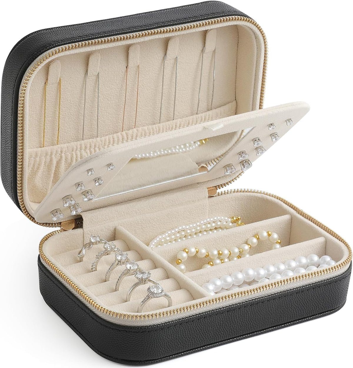 Genuine Leather Travel Jewelry Organizer Case with Mirror for Women, Small Mini Portable Jewelry Box for Ring Earrings Necklace Bracelet Luxury Gift for Women（Cyan）