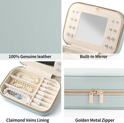 Genuine Leather Travel Jewelry Organizer Case with Mirror for Women, Small Mini Portable Jewelry Box for Ring Earrings Necklace Bracelet Luxury Gift for Women（Cyan）