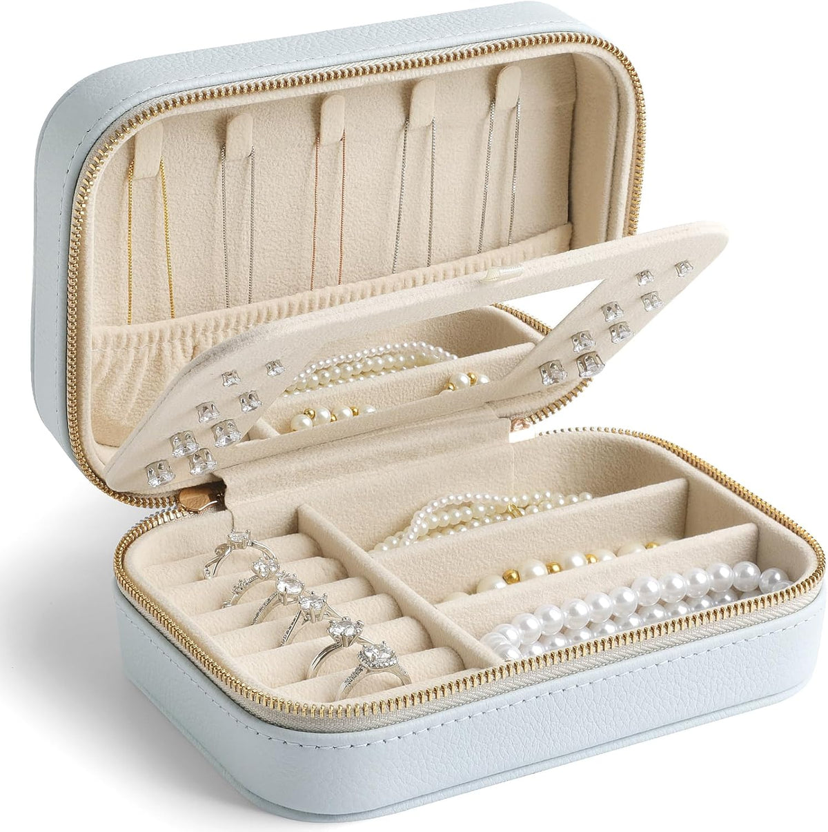 Genuine Leather Travel Jewelry Organizer Case with Mirror for Women, Small Mini Portable Jewelry Box for Ring Earrings Necklace Bracelet Luxury Gift for Women（Cyan）