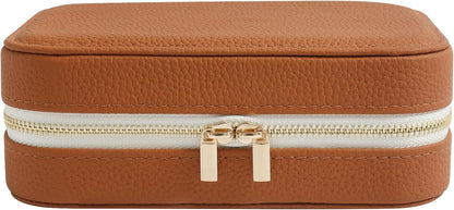 Genuine Leather Travel Jewelry Organizer Case with Mirror for Women, Small Mini Portable Jewelry Box for Ring Earrings Necklace Bracelet Luxury Gift for Women（Cyan）