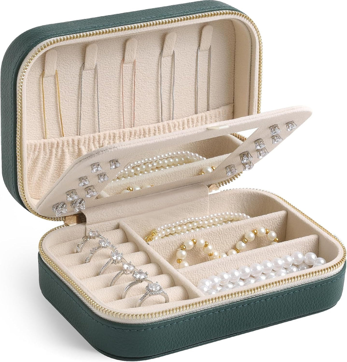Genuine Leather Travel Jewelry Organizer Case with Mirror for Women, Small Mini Portable Jewelry Box for Ring Earrings Necklace Bracelet Luxury Gift for Women（Cyan）