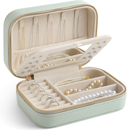 Genuine Leather Travel Jewelry Organizer Case with Mirror for Women, Small Mini Portable Jewelry Box for Ring Earrings Necklace Bracelet Luxury Gift for Women（Cyan）