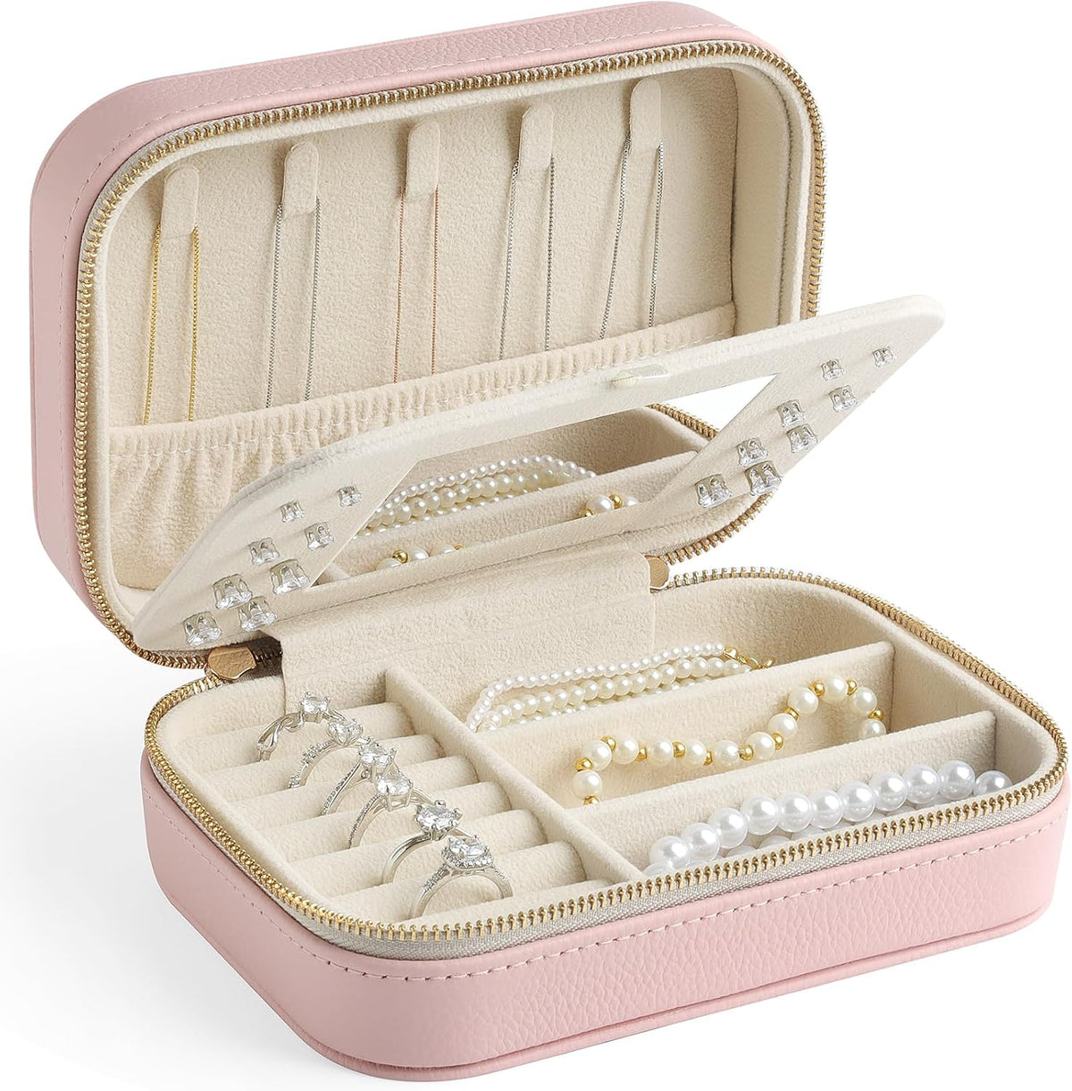 Genuine Leather Travel Jewelry Organizer Case with Mirror for Women, Small Mini Portable Jewelry Box for Ring Earrings Necklace Bracelet Luxury Gift for Women（Cyan）