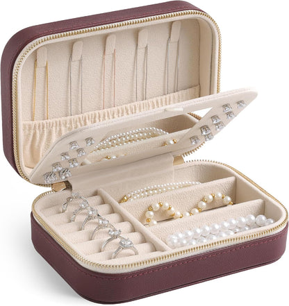 Genuine Leather Travel Jewelry Organizer Case with Mirror for Women, Small Mini Portable Jewelry Box for Ring Earrings Necklace Bracelet Luxury Gift for Women（Cyan）