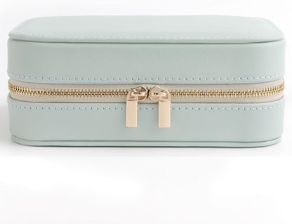 Genuine Leather Travel Jewelry Organizer Case with Mirror for Women, Small Mini Portable Jewelry Box for Ring Earrings Necklace Bracelet Luxury Gift for Women（Cyan）