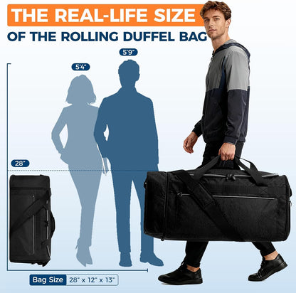 Uarition 70L Foldable Rolling Duffle Bag with Wheels, 28” Large Duffle Bag for Travel, Carry On Luggage Bag for Traveling/Camping/Moving, Water Resistant, Blue