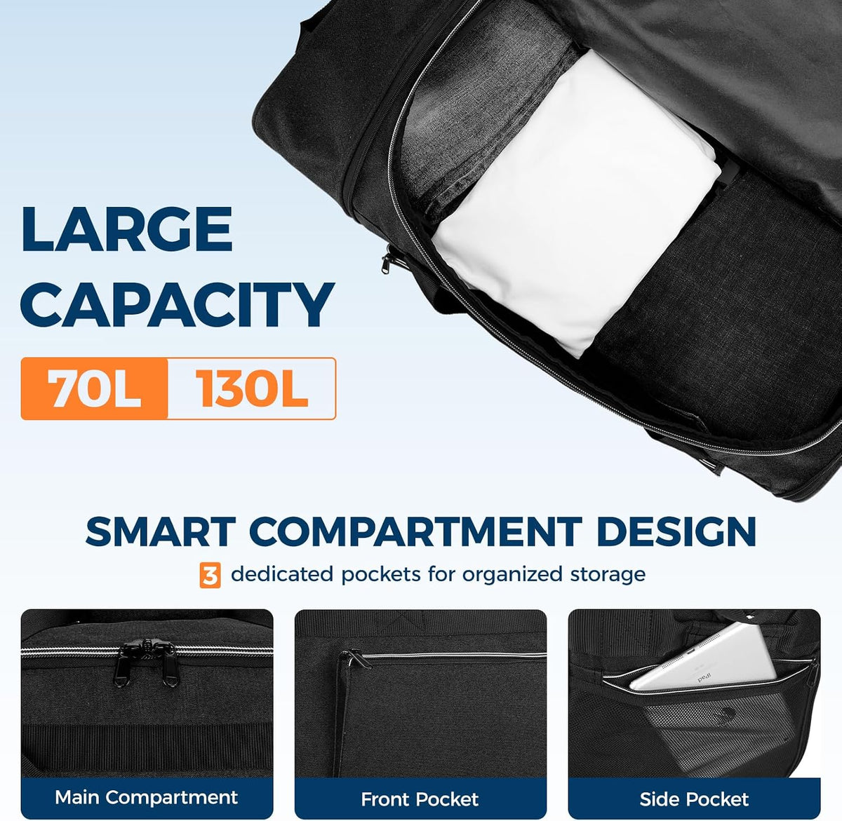 Uarition 70L Foldable Rolling Duffle Bag with Wheels, 28” Large Duffle Bag for Travel, Carry On Luggage Bag for Traveling/Camping/Moving, Water Resistant, Blue