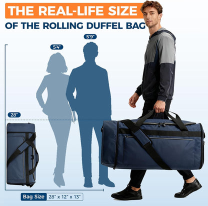 Uarition 70L Foldable Rolling Duffle Bag with Wheels, 28” Large Duffle Bag for Travel, Carry On Luggage Bag for Traveling/Camping/Moving, Water Resistant, Blue