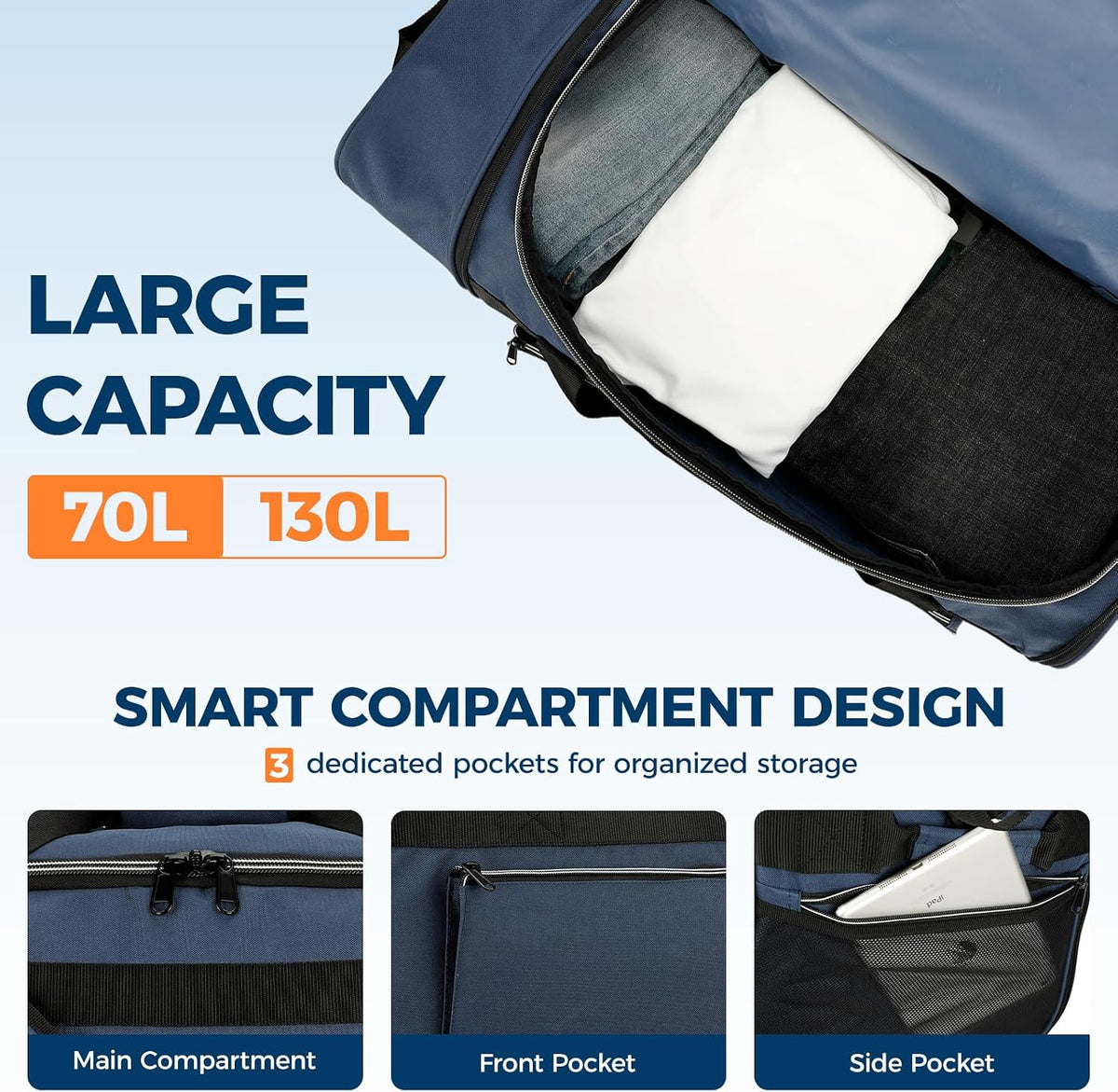 Uarition 70L Foldable Rolling Duffle Bag with Wheels, 28” Large Duffle Bag for Travel, Carry On Luggage Bag for Traveling/Camping/Moving, Water Resistant, Blue