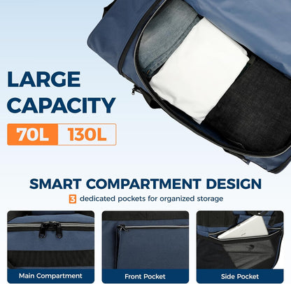 Uarition 70L Foldable Rolling Duffle Bag with Wheels, 28” Large Duffle Bag for Travel, Carry On Luggage Bag for Traveling/Camping/Moving, Water Resistant, Blue