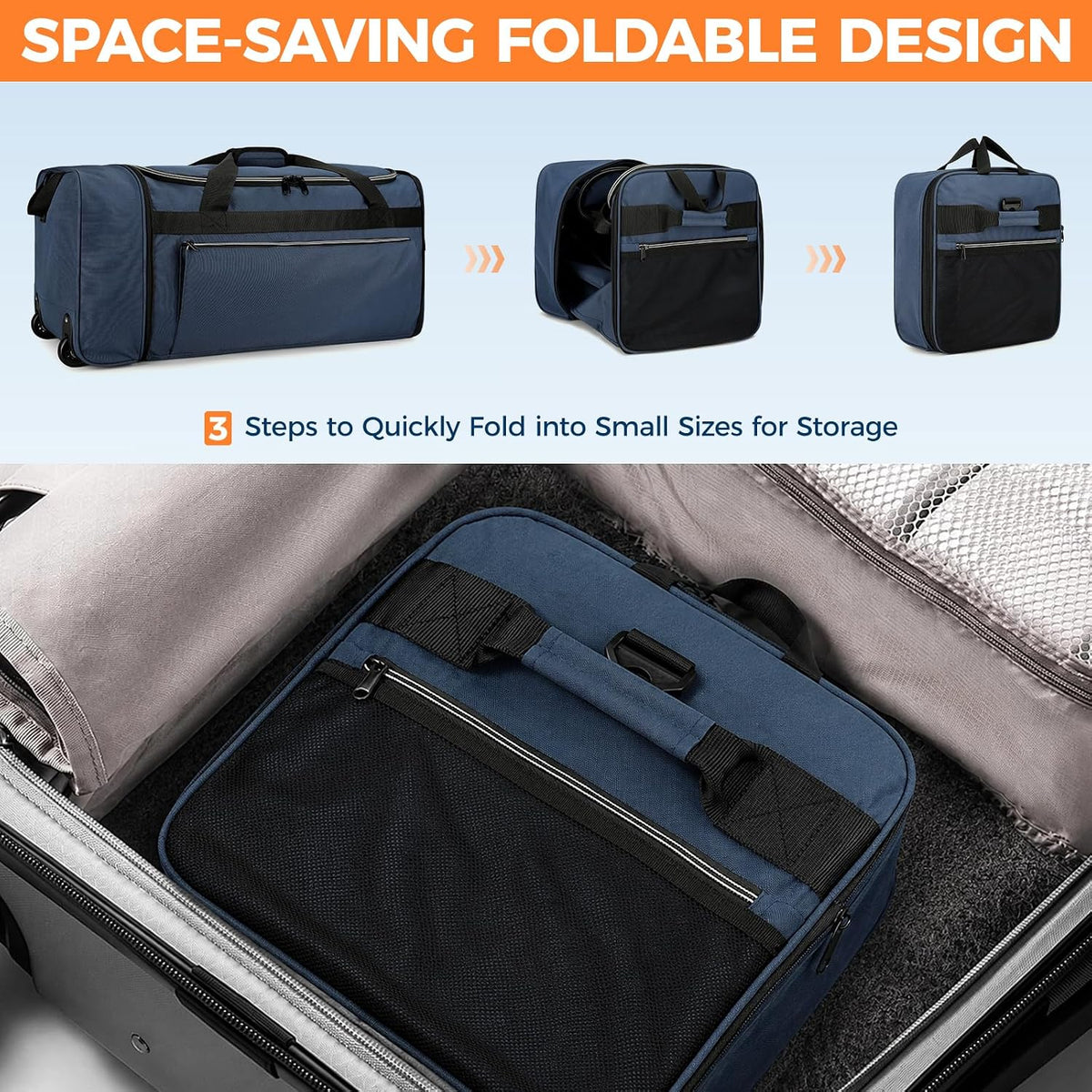 Uarition 70L Foldable Rolling Duffle Bag with Wheels, 28” Large Duffle Bag for Travel, Carry On Luggage Bag for Traveling/Camping/Moving, Water Resistant, Blue