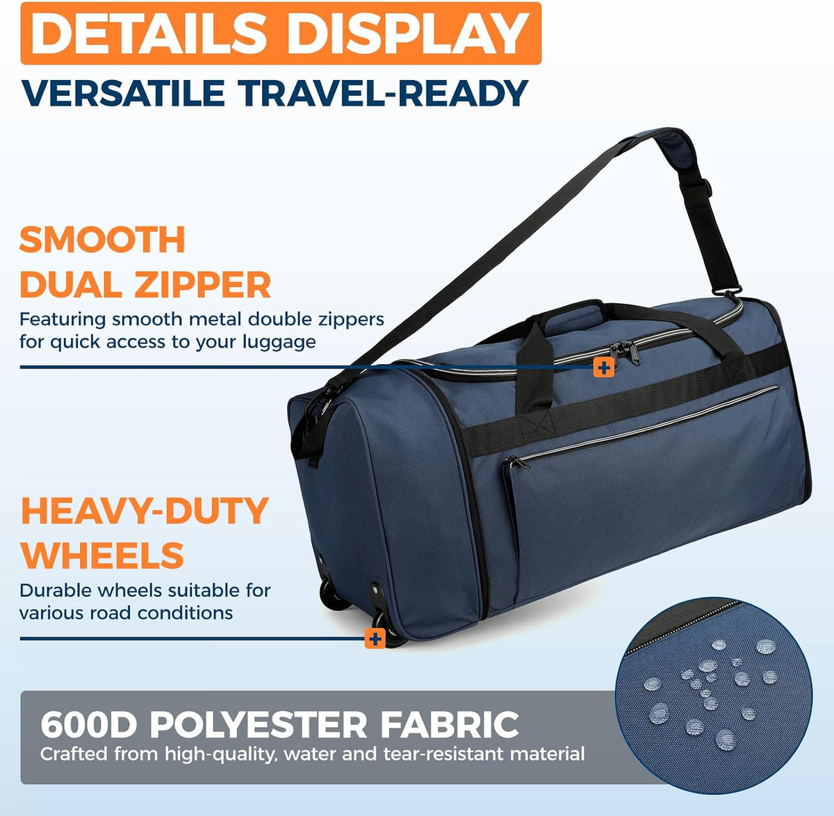 Uarition 70L Foldable Rolling Duffle Bag with Wheels, 28” Large Duffle Bag for Travel, Carry On Luggage Bag for Traveling/Camping/Moving, Water Resistant, Blue