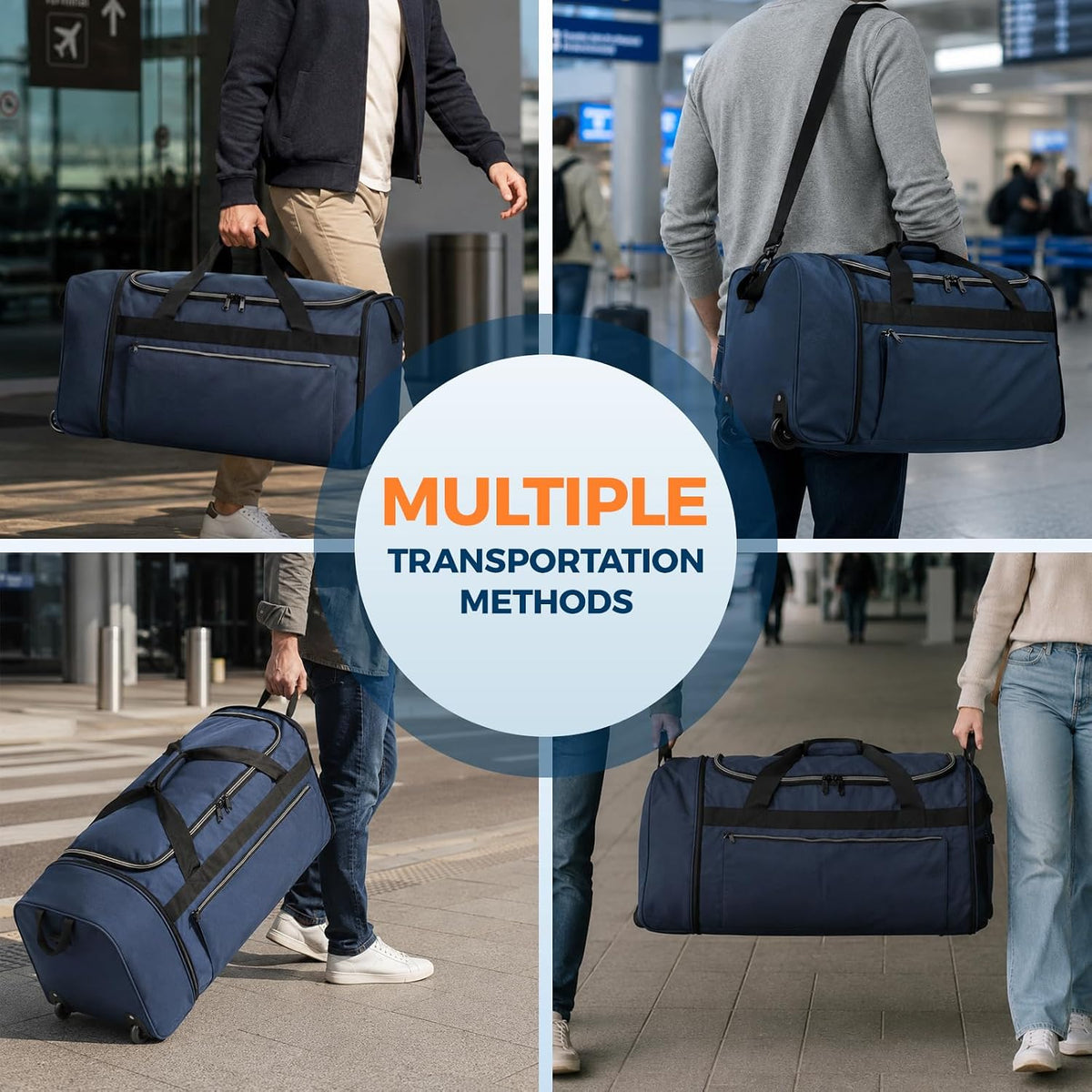 Uarition 70L Foldable Rolling Duffle Bag with Wheels, 28” Large Duffle Bag for Travel, Carry On Luggage Bag for Traveling/Camping/Moving, Water Resistant, Blue