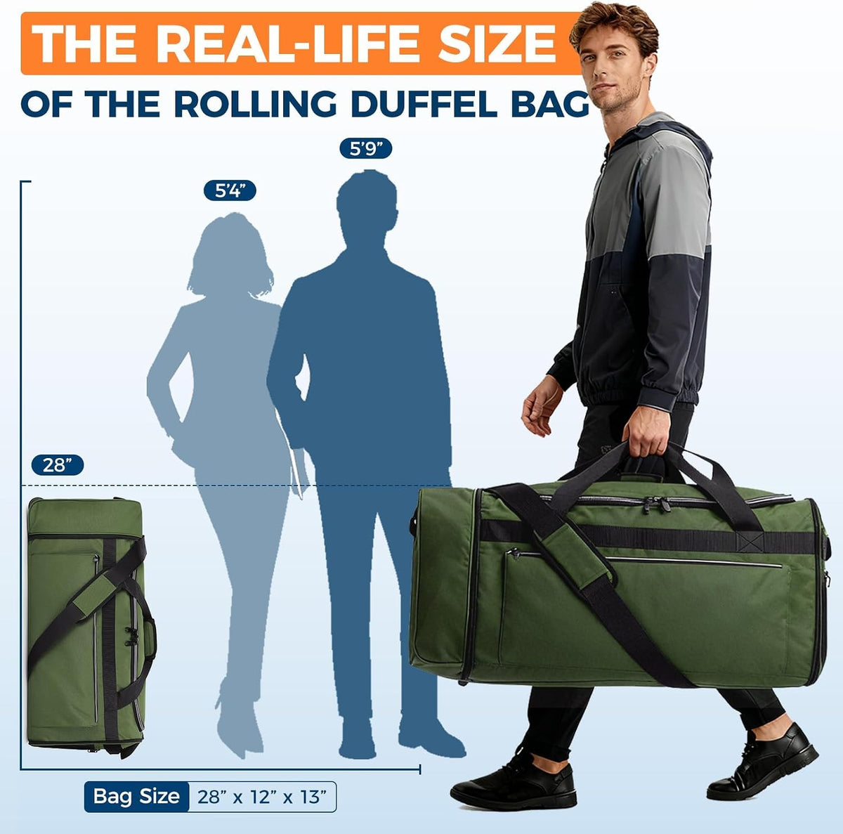 Uarition 70L Foldable Rolling Duffle Bag with Wheels, 28” Large Duffle Bag for Travel, Carry On Luggage Bag for Traveling/Camping/Moving, Water Resistant, Blue