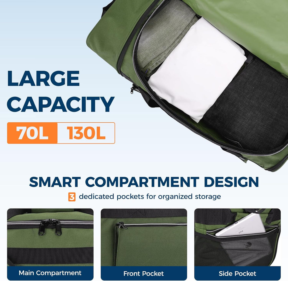 Uarition 70L Foldable Rolling Duffle Bag with Wheels, 28” Large Duffle Bag for Travel, Carry On Luggage Bag for Traveling/Camping/Moving, Water Resistant, Blue