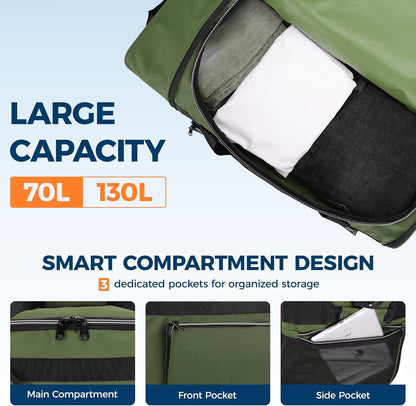 Uarition 70L Foldable Rolling Duffle Bag with Wheels, 28” Large Duffle Bag for Travel, Carry On Luggage Bag for Traveling/Camping/Moving, Water Resistant, Blue