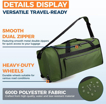 Uarition 70L Foldable Rolling Duffle Bag with Wheels, 28” Large Duffle Bag for Travel, Carry On Luggage Bag for Traveling/Camping/Moving, Water Resistant, Blue