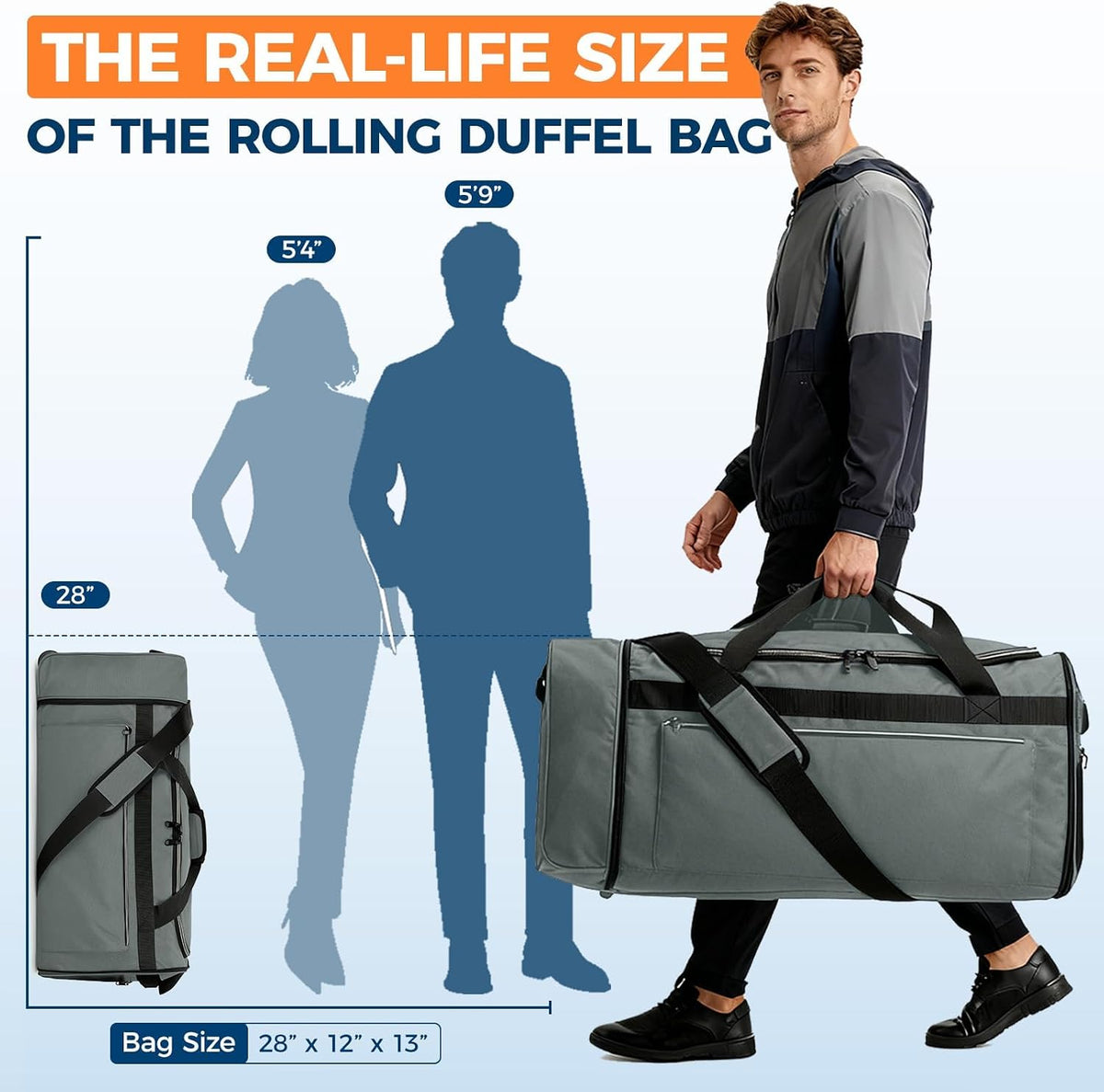 Uarition 70L Foldable Rolling Duffle Bag with Wheels, 28” Large Duffle Bag for Travel, Carry On Luggage Bag for Traveling/Camping/Moving, Water Resistant, Blue