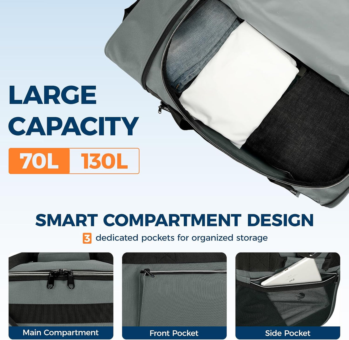 Uarition 70L Foldable Rolling Duffle Bag with Wheels, 28” Large Duffle Bag for Travel, Carry On Luggage Bag for Traveling/Camping/Moving, Water Resistant, Blue