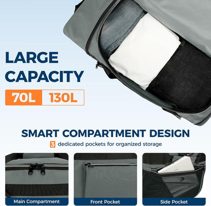 Uarition 70L Foldable Rolling Duffle Bag with Wheels, 28” Large Duffle Bag for Travel, Carry On Luggage Bag for Traveling/Camping/Moving, Water Resistant, Blue