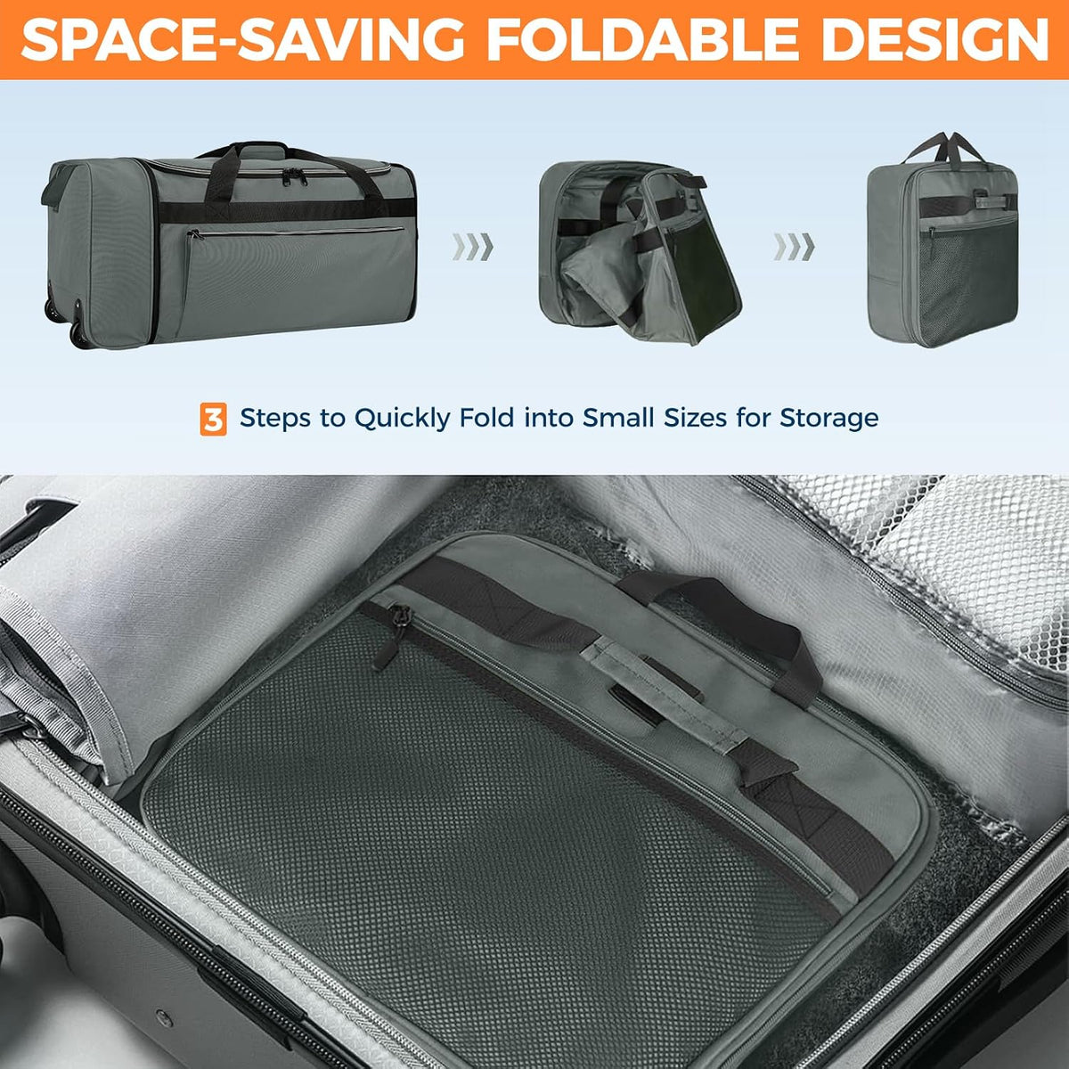 Uarition 70L Foldable Rolling Duffle Bag with Wheels, 28” Large Duffle Bag for Travel, Carry On Luggage Bag for Traveling/Camping/Moving, Water Resistant, Blue