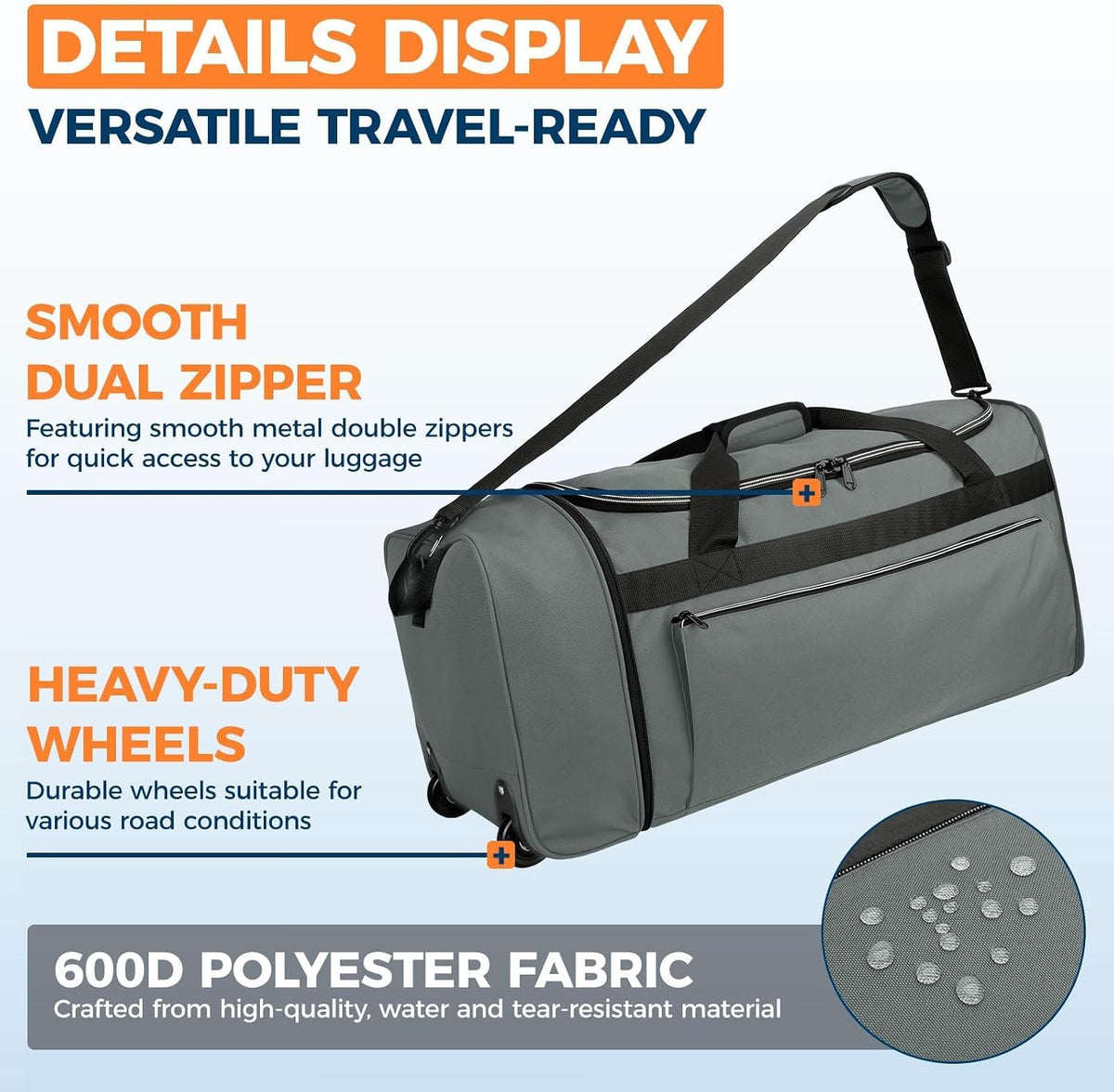 Uarition 70L Foldable Rolling Duffle Bag with Wheels, 28” Large Duffle Bag for Travel, Carry On Luggage Bag for Traveling/Camping/Moving, Water Resistant, Blue