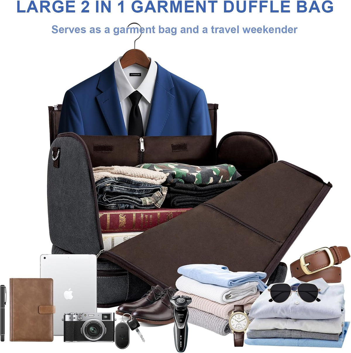 Garment Duffel Bag for Travel - Convertible Carry on Garment Duffel Travel Bag for Women Men Large Weekender Bag with Shoes Pouch 2 in 1 Hanging Suit Travel Duffel Bag 3pcs Set