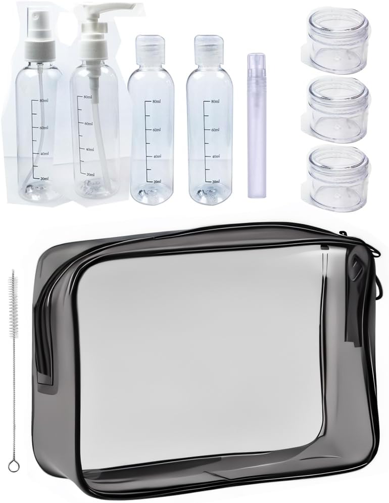 Clear Travel Toiletry Bag TSA Approved Toiletry Cosmetic Bags Men Women & Travel Bottles set for Toiletries TSA Approved Travel Bottle 3.4 oz Leak Proof Refillable & Travel Containers for Toiletries