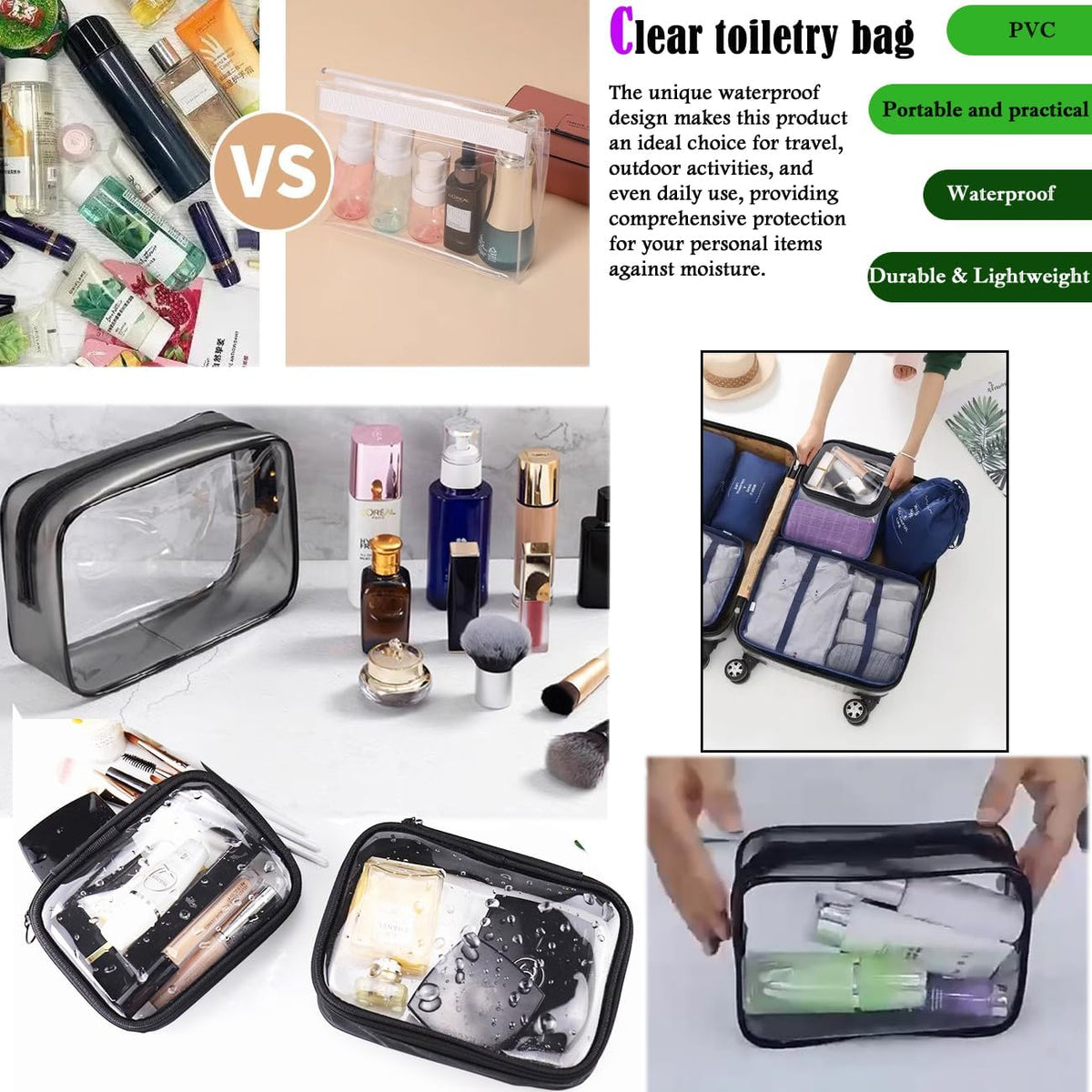Clear Travel Toiletry Bag TSA Approved Toiletry Cosmetic Bags Men Women & Travel Bottles set for Toiletries TSA Approved Travel Bottle 3.4 oz Leak Proof Refillable & Travel Containers for Toiletries