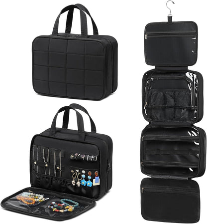 Travel Hanging Toiletry Bag for Women, Puffy Makeup Bags with Jewelry Organizer Carry-on Accessories Essentials with Waterproof Compartment, Black