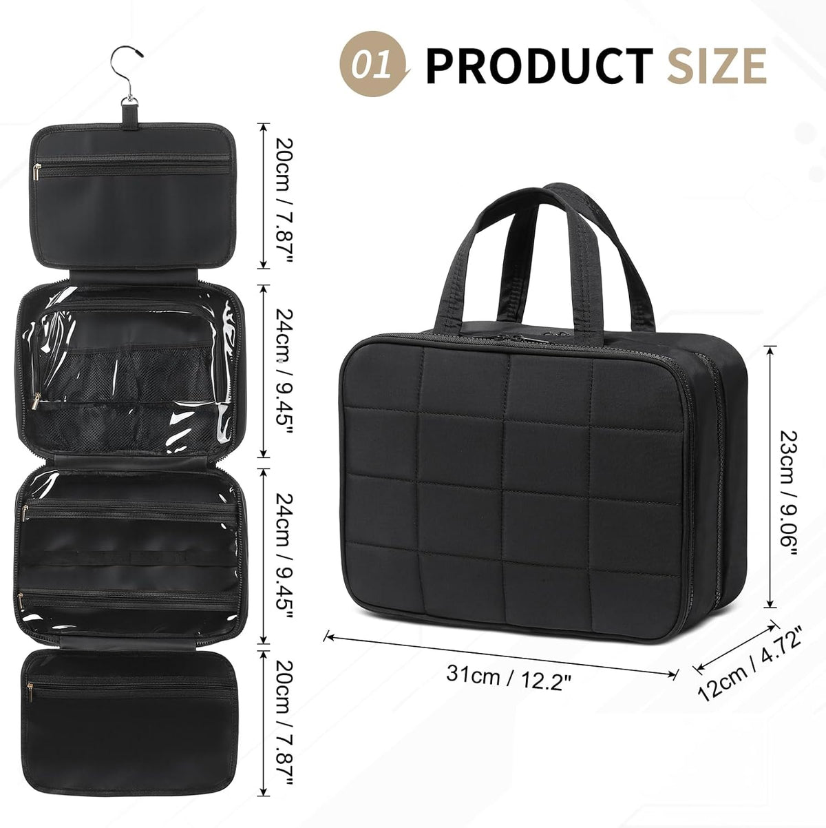 Travel Hanging Toiletry Bag for Women, Puffy Makeup Bags with Jewelry Organizer Carry-on Accessories Essentials with Waterproof Compartment, Black