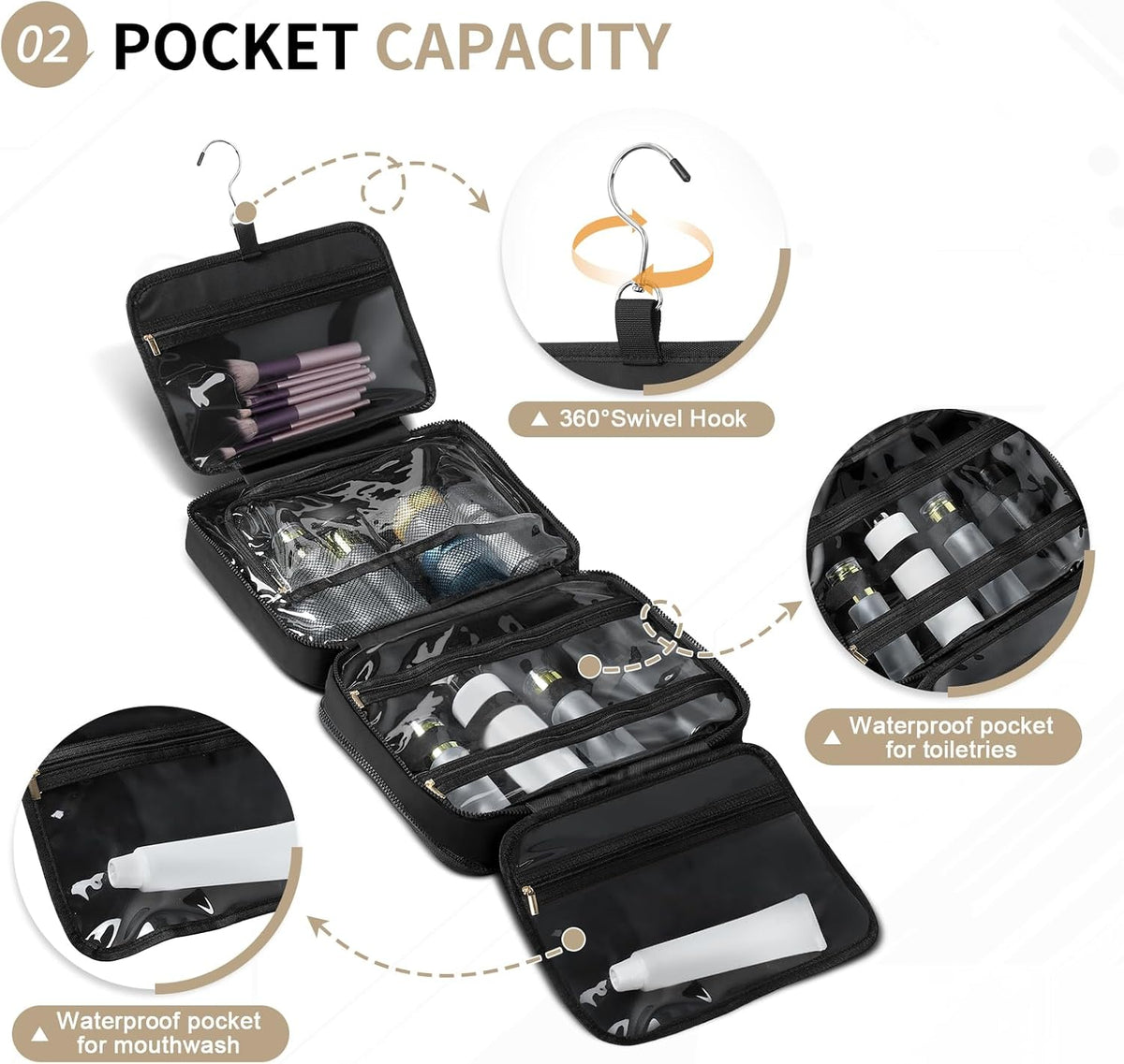 Travel Hanging Toiletry Bag for Women, Puffy Makeup Bags with Jewelry Organizer Carry-on Accessories Essentials with Waterproof Compartment, Black