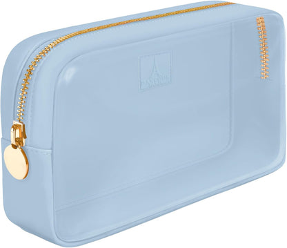 Large Clear Makeup Bag TSA-Approved Travel Cosmetic Pouch Spacious Transparent Toiletry Bag for Women and Girls Waterproof Clear Organizer Case Light Blue