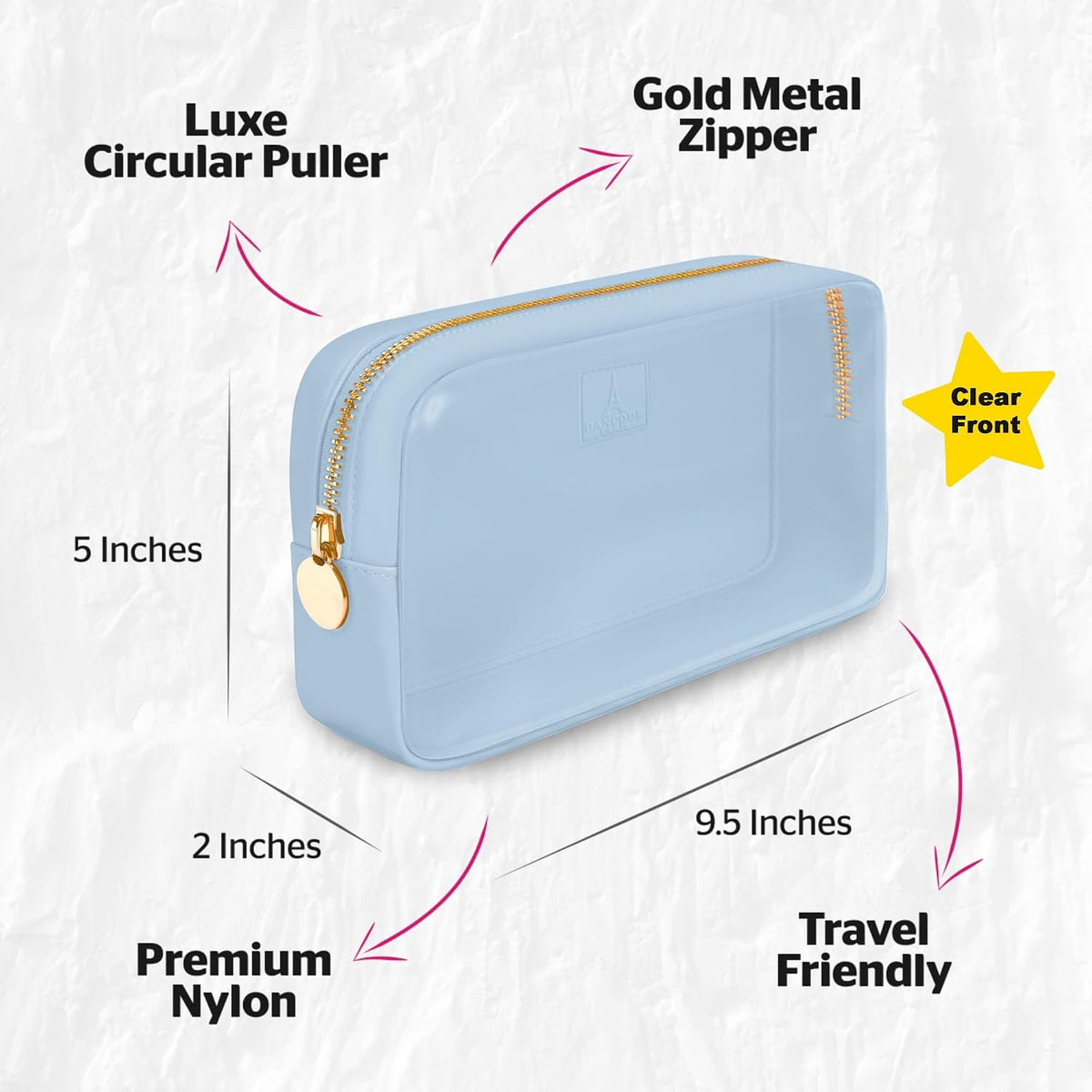 Large Clear Makeup Bag TSA-Approved Travel Cosmetic Pouch Spacious Transparent Toiletry Bag for Women and Girls Waterproof Clear Organizer Case Light Blue