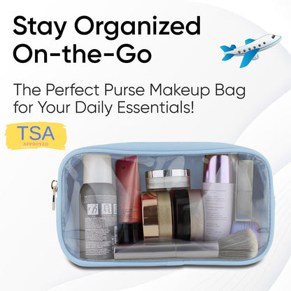 Large Clear Makeup Bag TSA-Approved Travel Cosmetic Pouch Spacious Transparent Toiletry Bag for Women and Girls Waterproof Clear Organizer Case Light Blue