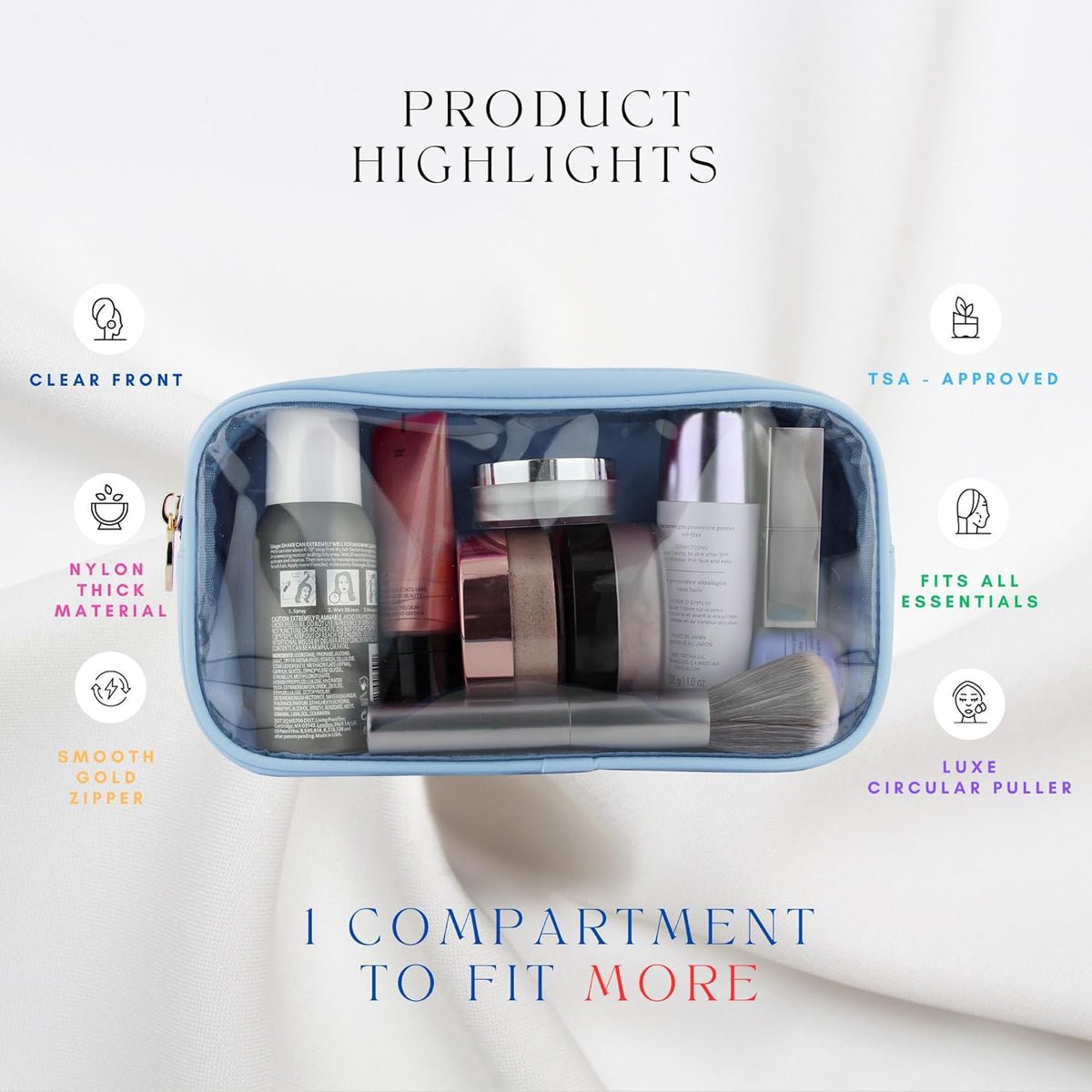 Large Clear Makeup Bag TSA-Approved Travel Cosmetic Pouch Spacious Transparent Toiletry Bag for Women and Girls Waterproof Clear Organizer Case Light Blue