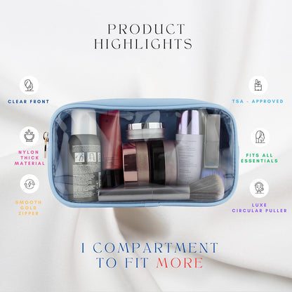 Large Clear Makeup Bag TSA-Approved Travel Cosmetic Pouch Spacious Transparent Toiletry Bag for Women and Girls Waterproof Clear Organizer Case Light Blue