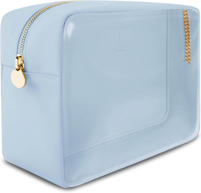 Large Clear Makeup Bag TSA-Approved Travel Cosmetic Pouch Spacious Transparent Toiletry Bag for Women and Girls Waterproof Clear Organizer Case Light Blue