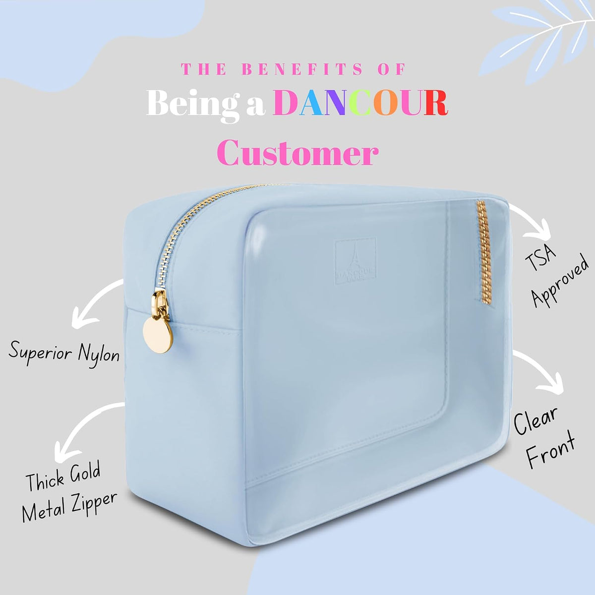 Large Clear Makeup Bag TSA-Approved Travel Cosmetic Pouch Spacious Transparent Toiletry Bag for Women and Girls Waterproof Clear Organizer Case Light Blue
