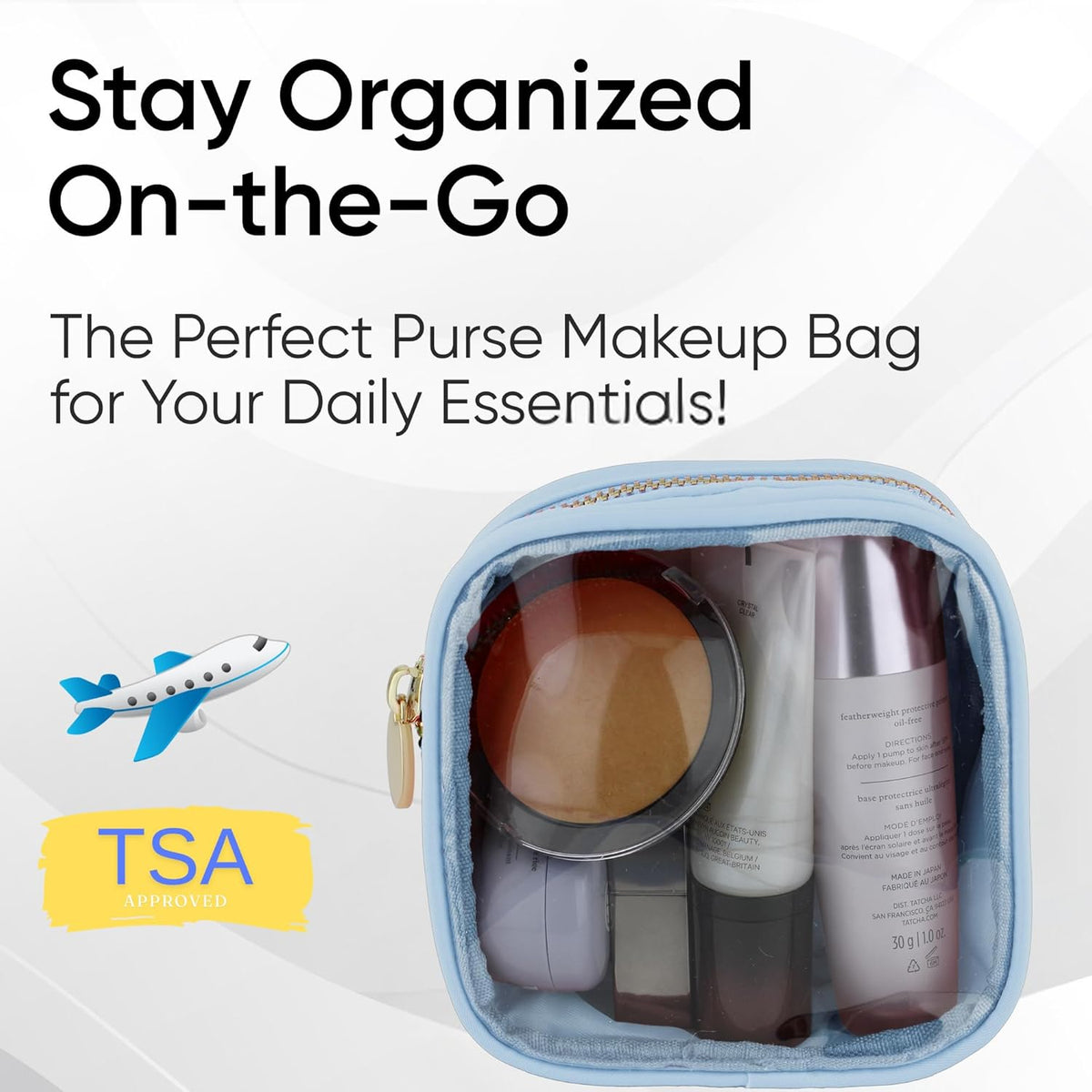 Large Clear Makeup Bag TSA-Approved Travel Cosmetic Pouch Spacious Transparent Toiletry Bag for Women and Girls Waterproof Clear Organizer Case Light Blue