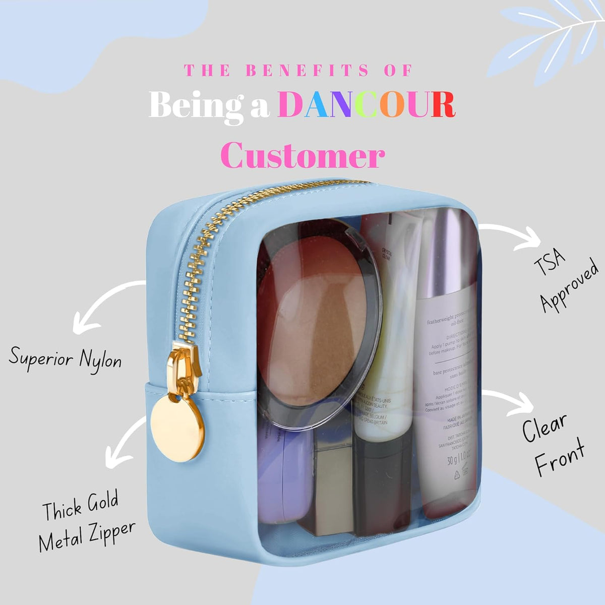 Large Clear Makeup Bag TSA-Approved Travel Cosmetic Pouch Spacious Transparent Toiletry Bag for Women and Girls Waterproof Clear Organizer Case Light Blue