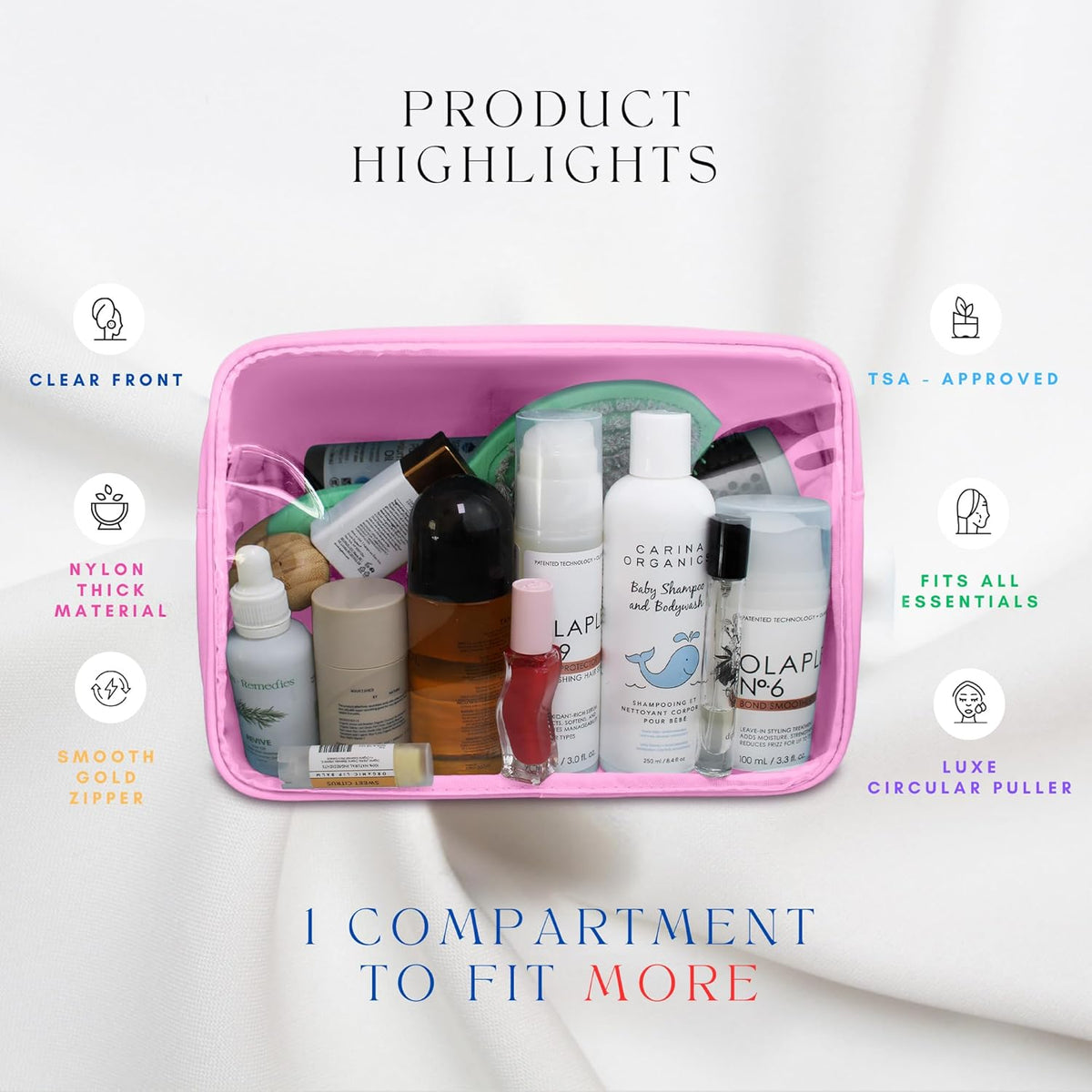 Large Clear Makeup Bag TSA-Approved Travel Cosmetic Pouch Spacious Transparent Toiletry Bag for Women and Girls Waterproof Clear Organizer Case Light Blue