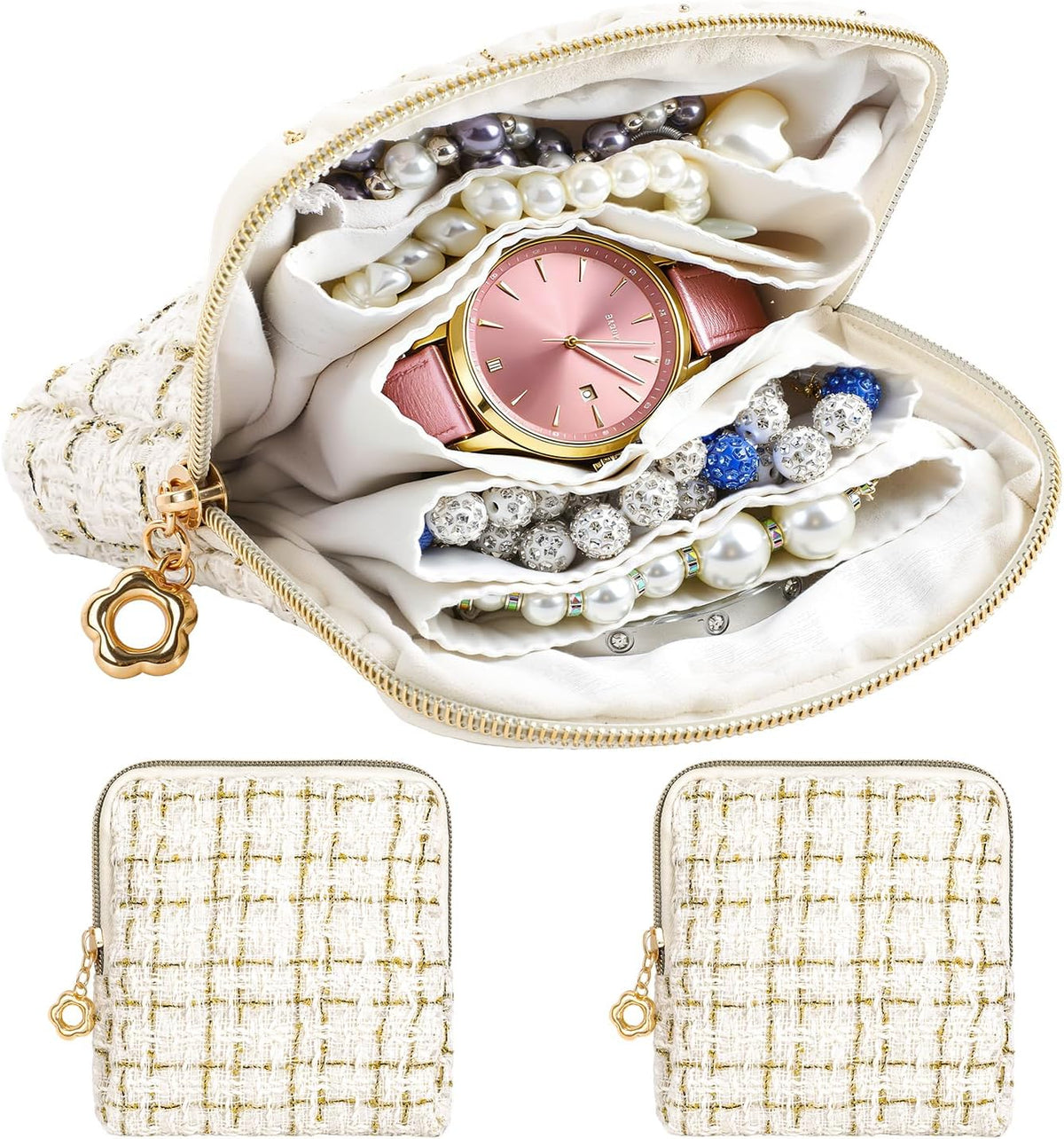 2 Pcs Jewelry Organizer Pouch, Travel Jewelry Pouch, Multi-layer Jewelry Travel Bag with Zipper, Portable Waterproof Leather Jewelries Bag for Rings, Necklaces, Earrings, Lipstick, Bracelets (Beige)